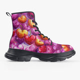 PU Leather Chunky Boots Cartoon Cherry Hearts