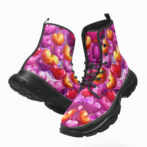 PU Leather Chunky Boots Cartoon Cherry Hearts
