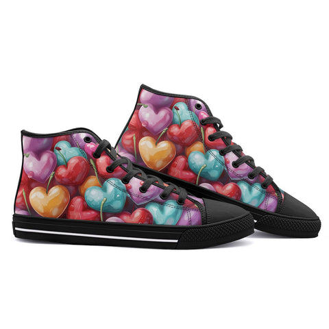 High-Top Canvas Shoes Hearts and Cherries Vibrant Colors