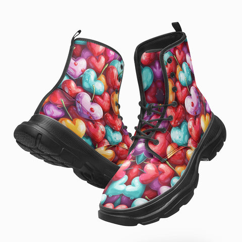 PU Leather Chunky Boots Hearts and Cherries Vibrant Colors