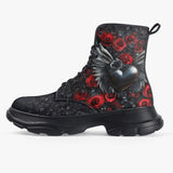 PU Leather Chunky Boots Black Heart Silver Wings Red Roses