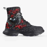 PU Leather Chunky Boots Black Heart Silver Wings Red Roses
