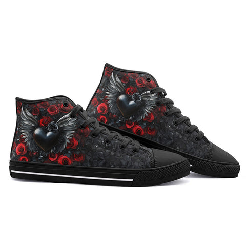 High-Top Canvas Shoes Black Heart Silver Wings Red Roses