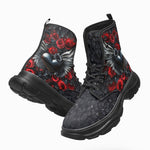 PU Leather Chunky Boots Black Heart Silver Wings Red Roses