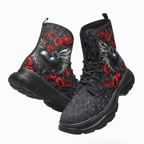 PU Leather Chunky Boots Black Heart Silver Wings Red Roses