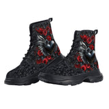 PU Leather Chunky Boots Black Heart Silver Wings Red Roses
