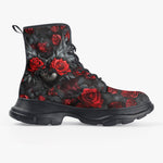 PU Leather Chunky Boots Red Roses Black Heart with Wings