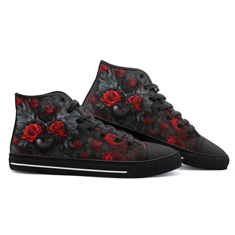 High-Top Canvas Shoes Red Roses Black Heart with Wings