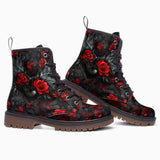 Leather Boots Red Roses Black Heart with Wings