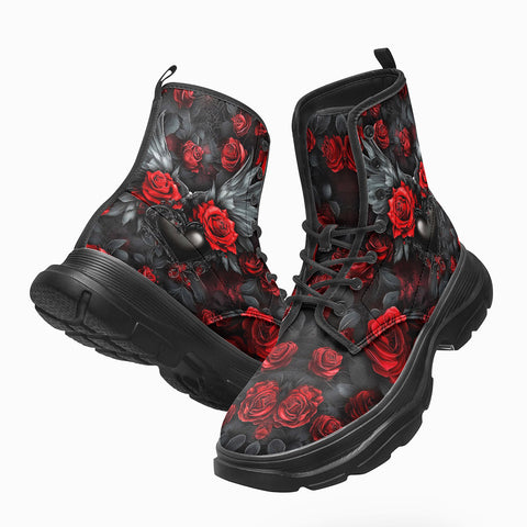 PU Leather Chunky Boots Red Roses Black Heart with Wings