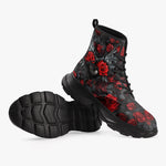 PU Leather Chunky Boots Red Roses Black Heart with Wings