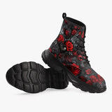 PU Leather Chunky Boots Red Roses Black Heart with Wings