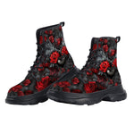 PU Leather Chunky Boots Red Roses Black Heart with Wings
