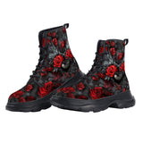PU Leather Chunky Boots Red Roses Black Heart with Wings