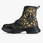 PU Leather Chunky Boots Black and Gold Octopus Tentacles
