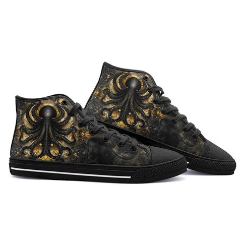 High-Top Canvas Shoes Black and Gold Octopus Tentacles