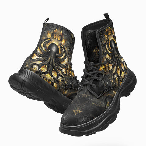 PU Leather Chunky Boots Black and Gold Octopus Tentacles