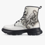 PU Leather Chunky Boots Black and White Drawing Octopus