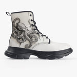 PU Leather Chunky Boots Black and White Drawing Octopus