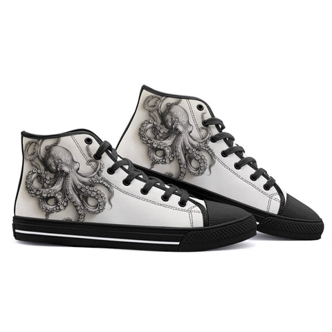 High-Top Canvas Shoes Black and White Drawing Octopus