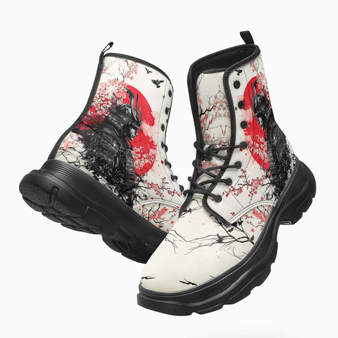PU Leather Chunky Boots Japanese Art Samurai Sakura Red Sun