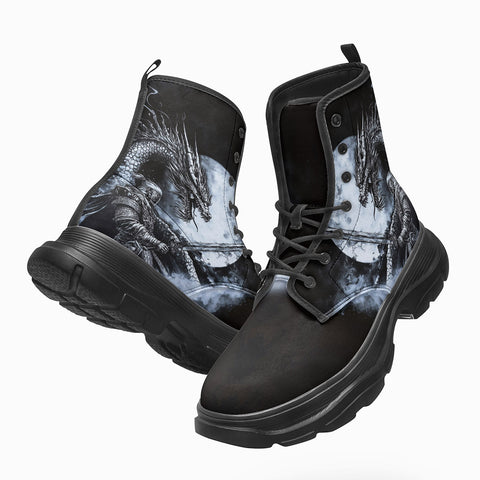 PU Leather Chunky Boots Dark Fantasy Dragon with Warrior