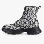 PU Leather Chunky Boots Cartoon Ghosts Pattern