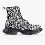 PU Leather Chunky Boots Cartoon Ghosts Pattern