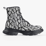 PU Leather Chunky Boots Cartoon Ghosts Pattern