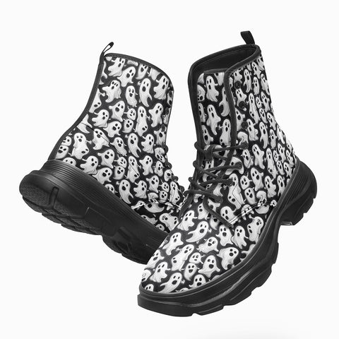 PU Leather Chunky Boots Cartoon Ghosts Pattern
