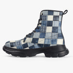PU Leather Chunky Boots Checkered Denim Patchwork Print