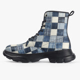 PU Leather Chunky Boots Checkered Denim Patchwork Print