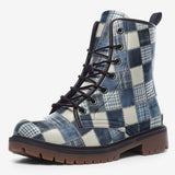 Leather Boots Checkered Denim Patchwork Print