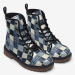 Leather Boots Checkered Denim Patchwork Print