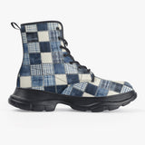 PU Leather Chunky Boots Checkered Denim Patchwork Print