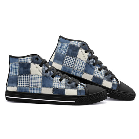 High-Top Canvas Shoes Checkered Denim Patchwork Print