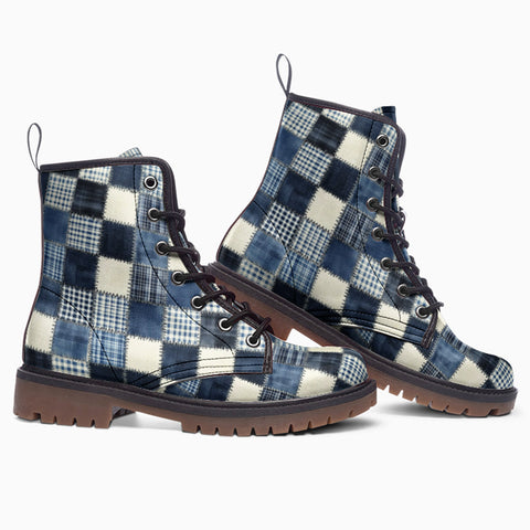 Leather Boots Checkered Denim Patchwork Print