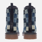 Leather Boots Checkered Denim Patchwork Print