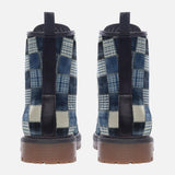 Leather Boots Checkered Denim Patchwork Print