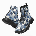 PU Leather Chunky Boots Checkered Denim Patchwork Print