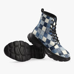 PU Leather Chunky Boots Checkered Denim Patchwork Print