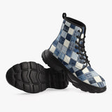 PU Leather Chunky Boots Checkered Denim Patchwork Print