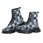 PU Leather Chunky Boots Checkered Denim Patchwork Print