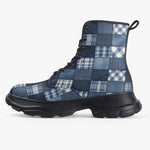PU Leather Chunky Boots Patchwork Squares Pattern