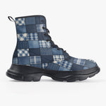 PU Leather Chunky Boots Patchwork Squares Pattern