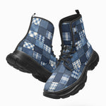 PU Leather Chunky Boots Patchwork Squares Pattern