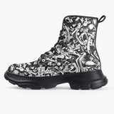 PU Leather Chunky Boots Black and White Graffiti Shapes