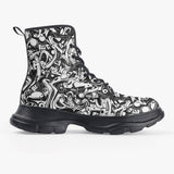PU Leather Chunky Boots Black and White Graffiti Shapes