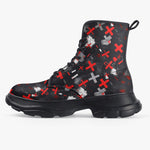 PU Leather Chunky Boots Abstract Art Red and White Crosses