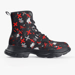 PU Leather Chunky Boots Abstract Art Red and White Crosses